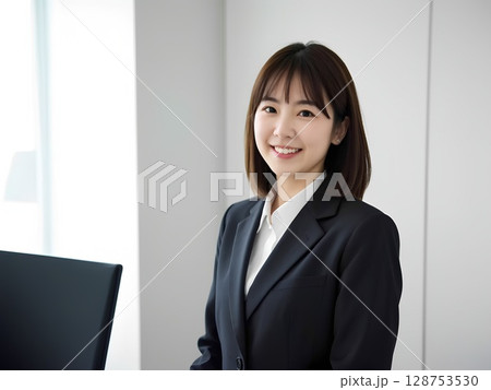笑顔でパソコンを操作するビジネスウーマン 笑顔でパソコンを操作するビジネスウーマン 128753530