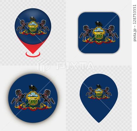 Set of Pennsylvania State Flag Icons and Map Pins. 128753551