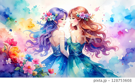 色彩豊かな花と光に包まれた双子の幻想的な少女たち 128753608