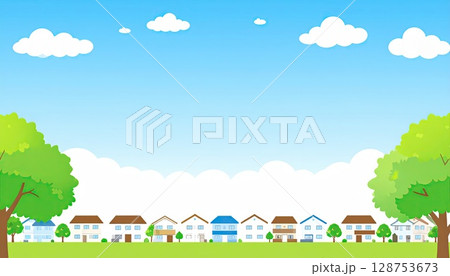 《AI画像》夏の青空と住宅街 128753673