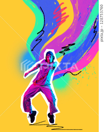 Bold colorful poster of young dancer jumping on yellow background with abstract colorful brushstrokes. Concept of street culture, youth energy, creative motion, dance studio promotion, social trends. Bold colorful poster of young dancer jumping on yellow background with abstract colorful brushstrokes. Concept of street culture, youth energy, creative motion, dance studio promotion, social trends. 128753760