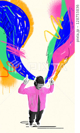 Pop art digital artwork of dancing man with headphones and colorful sound waves. Concept of music, self-expression, modern culture, art direction, and creative lifestyle. 128753836