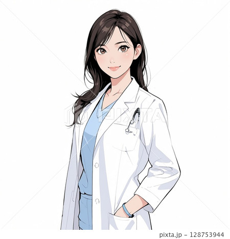 斜め上を見つめる真剣な表情の女性医師イラスト（白背景） 128753944