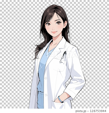 斜め上を見つめる真剣な表情の女性医師イラスト（白背景） 128753944