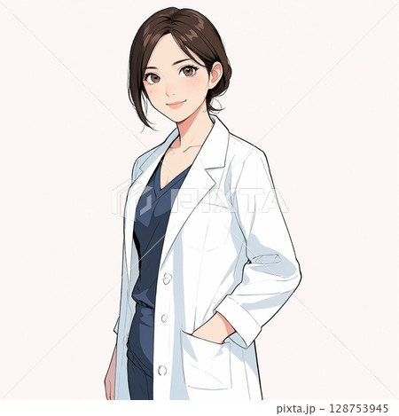 手を前に組んで立つ女性医師の全身イラスト（白背景） 128753945