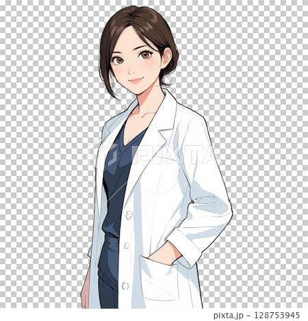 手を前に組んで立つ女性医師の全身イラスト（白背景） 128753945