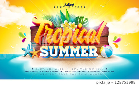 Tropical Summer 3D Text Effect Design Editable and Scalable Vector Graphic Style Effect with Beach Holiday Elements and Tropical Palm Leaves on Blue Cloudy Sky Background. Premium Illustration Tropical Summer 3D Text Effect Design Editable and Scalable Vector Graphic Style Effect with Beach Holiday Elements and Tropical Palm Leaves on Blue Cloudy Sky Background. Premium Illustration 128753999