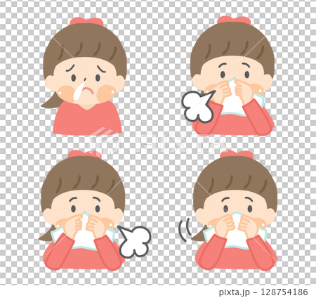 Illustration set of children blowing their runny nose 128754186