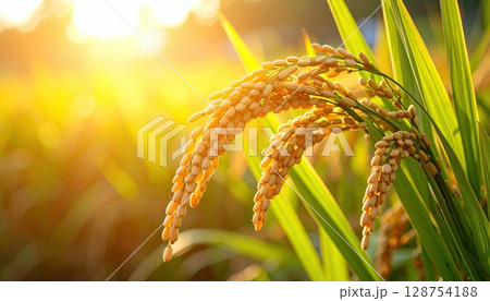《AI画像》夕日に照らされる稲穂 128754188