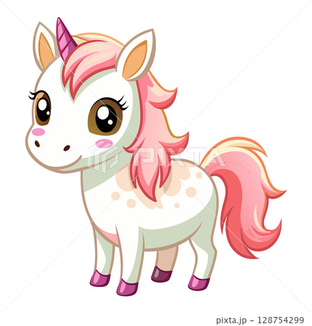 Cute cartoon horse with big eyes and pink horn in kawaii chibi art 128754299