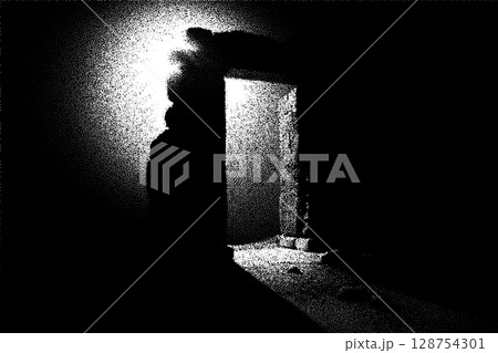 Ancient ruins in sci-fi scene with dotwork retro style. Mysterious gate debris with dramatic lights and retro texture Ancient ruins in sci-fi scene with dotwork retro style. Mysterious gate debris with dramatic lights and retro texture 128754301