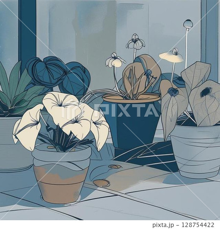 窓に飾られた観葉植物 128754422