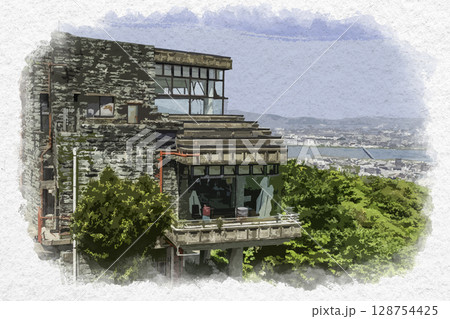 水彩画風　徳島眉山ロープウェイ山頂口展望台　徳島県徳島市 128754425