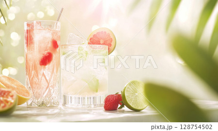 Refreshing summer cocktails on table with greens and fruits, tropical vacations vibes background, copy space 128754502