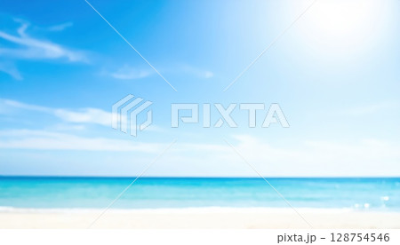 《AI画像》真っ青な海と空をぼかした清涼感のある素材 128754546