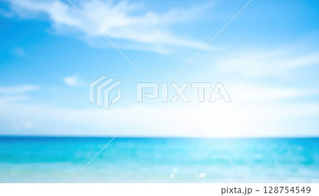 《AI画像》真っ青な海と空をぼかした清涼感のある素材 128754549
