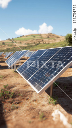 Expansive solar panel array situated in a scenic, rural landscape with rolling hills 128754751