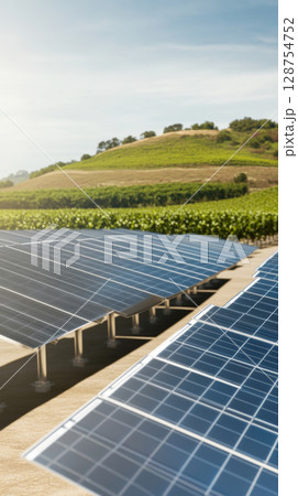 Expansive solar panel array situated in a scenic, rural landscape with rolling hills 128754752