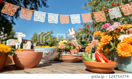 Mexican festive decor with colorful papel picado, marigolds, and food 128754774