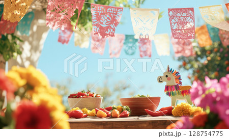Mexican festive decor with colorful papel picado, marigolds, and food 128754775