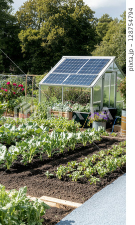 Garden with small greenhouse and vegetable beds, aerial view, sustainable gardening Garden with small greenhouse and vegetable beds, aerial view, sustainable gardening 128754794