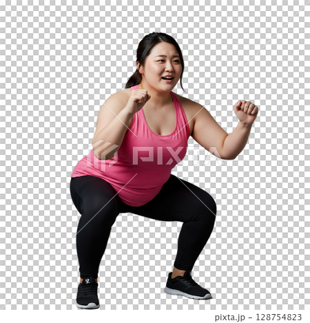 A woman squatting 128754823