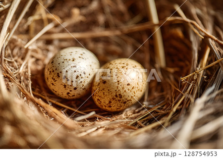 Two small bird eggs resting in nest made of twigs and straw 128754953