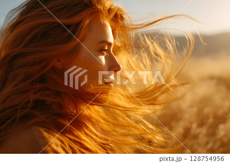 Redhead woman enjoying wind in golden field at sunset 128754956