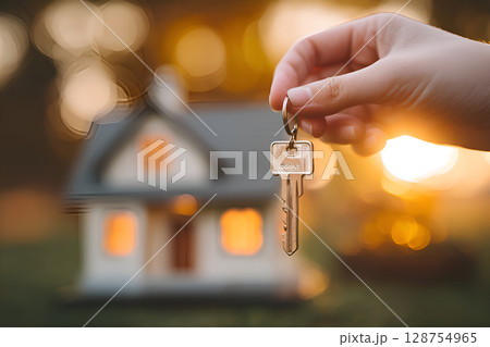Hand holding house key in front of blurred model home at sunset 128754965