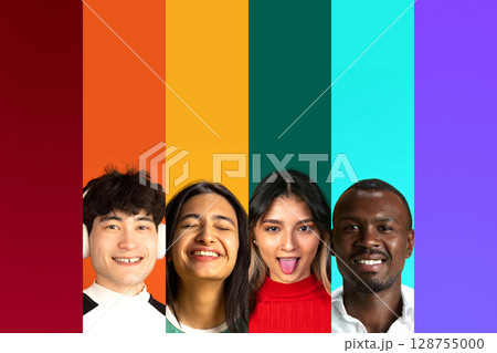 Group of smiling young adults in rainbow vertical backgrounds. Concept of multicultural youth campaigns, education visuals, inclusive lifestyle branding, tech platform content. 128755000