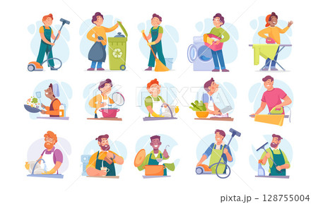 A Varied Range of Domestic Activities Illustrated in a Vibrant and Colorful Style A Varied Range of Domestic Activities Illustrated in a Vibrant and Colorful Style 128755004