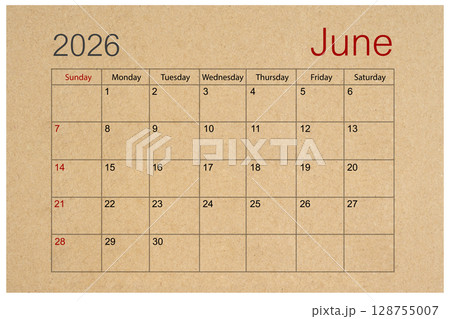 Brown paper calendar for June 2026 isolated on white background, Save clipping path. 128755007