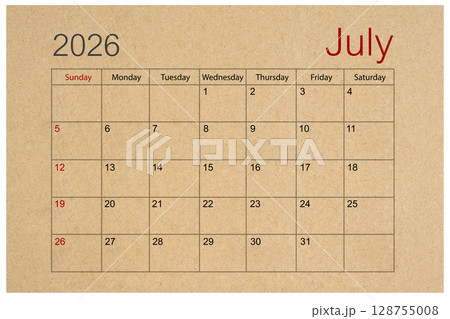 Brown paper calendar for July 2026 isolated on white background, Save clipping path. 128755008