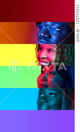 Colorful collage of smiling diverse people in horizontal stripes. Concept of equality in a workspace, positive identity campaigns, inclusive branding, lifestyle and education visuals. 128755011