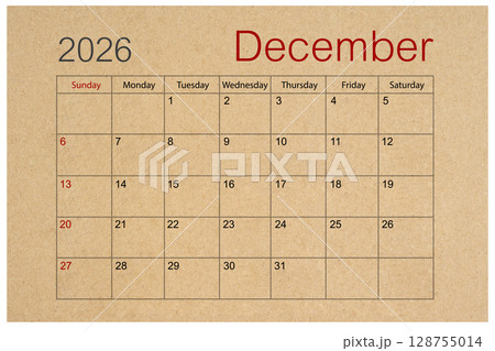 Brown paper calendar for December 2026 isolated on white background, Save clipping path. 128755014