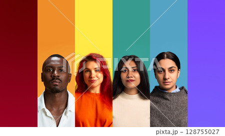 Portrait lineup of four diverse people facing camera with color-coded backgrounds. Concept of tolerance education, gender equality, multiracial inclusion and social awareness media. 128755027