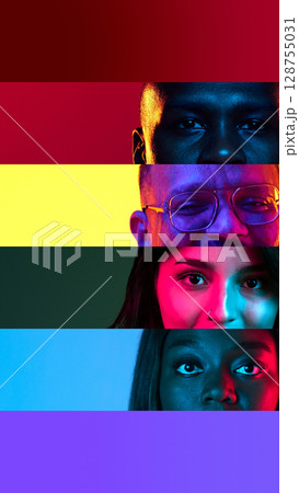 Dark neon collage of diverse eyes and faces arranged in horizontal color blocks. Concept of identity, tolerance campaigns, LGBT pride content, design posters, and social awareness media. Dark neon collage of diverse eyes and faces arranged in horizontal color blocks. Concept of identity, tolerance campaigns, LGBT pride content, design posters, and social awareness media. 128755031