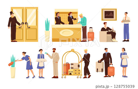 Hotel Service Staff in Action An Engaging and Modern Illustration of Hospitality Excellence 128755039