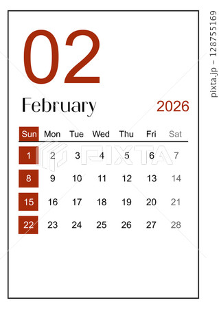 Calendar February 2026 sheet isolated on white background, Save clipping path. 128755169