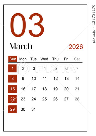 Calendar March 2026 sheet isolated on white background, Save clipping path. 128755170
