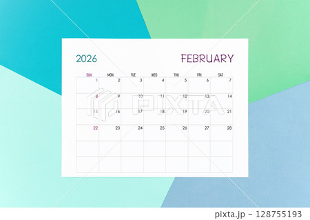 February calendar card for 2026 year on colorful background. Flat lay. February calendar card for 2026 year on colorful background. Flat lay. 128755193