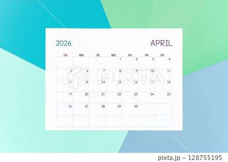 April calendar card for 2026 year on colorful background. Flat lay. 128755195