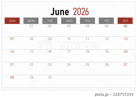 Calendar page for June 2026 year isolated on white background, Save clipping path. Calendar page for June 2026 year isolated on white background, Save clipping path. 128755335