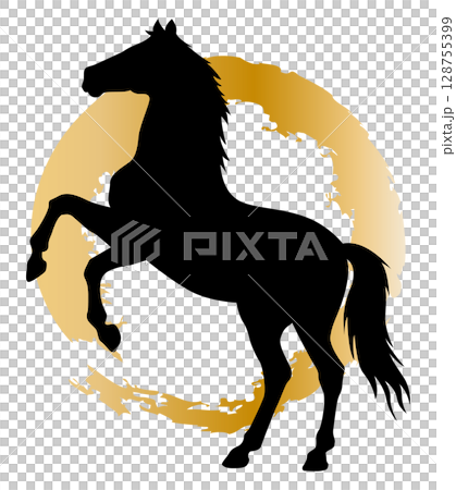 Round brush Horse silhouette illustration material New Year's card Gold Black 128755399