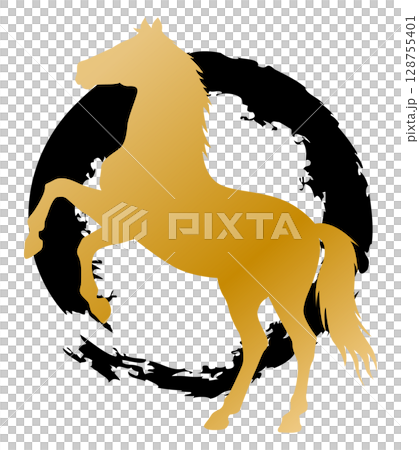 圓刷馬剪影插畫素材新年賀卡金黑色 128755401