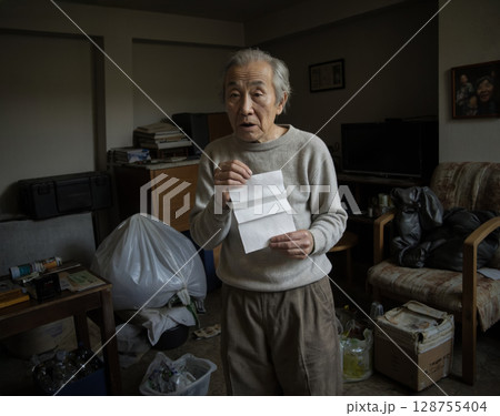 散らかった自分の部屋で書類を見つけたおじいさん 高齢者 佇む 128755404