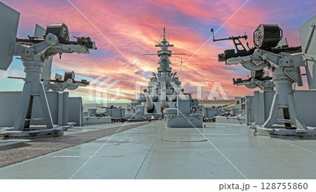 USS Alabama Battleship with turret view at sunset 128755860