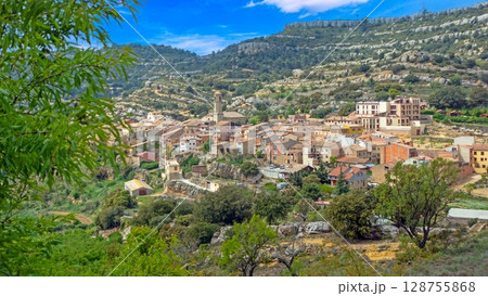 Village of Siurana with stone houses and mountains Village of Siurana with stone houses and mountains 128755868