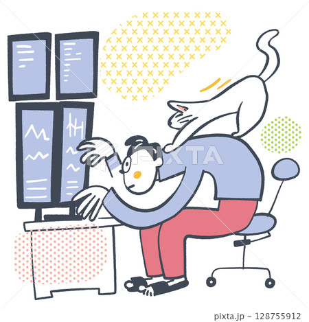 ペットとの生活　トレーダーの背中に乗る猫　テレワークのリアル　ストックイラスト素材 128755912