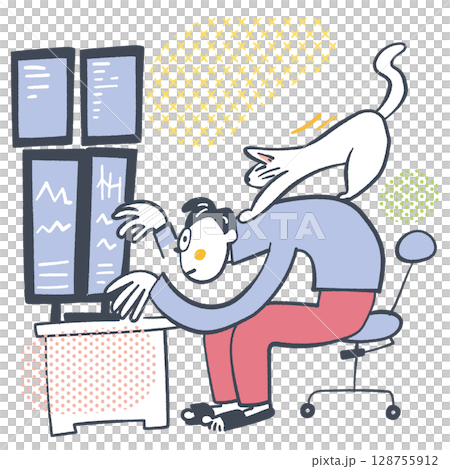 Life with pets: A cat riding on a trader's back. The reality of telework. Stock illustration material 128755912